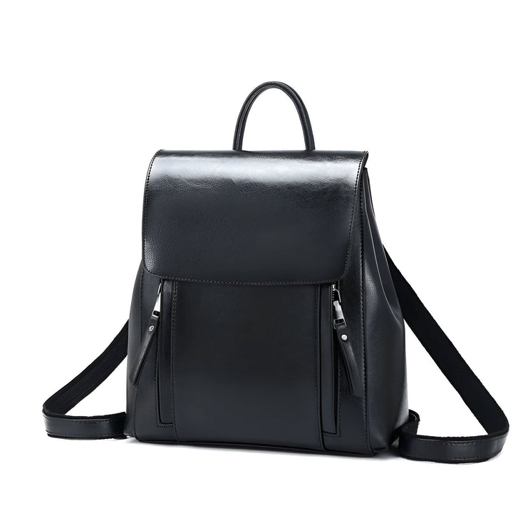 Sac à dos en cuir noir avec rabat, poignée, bretelles ajustables et deux poches frontales zippées., 46193898586336,46193898619104,46193898651872