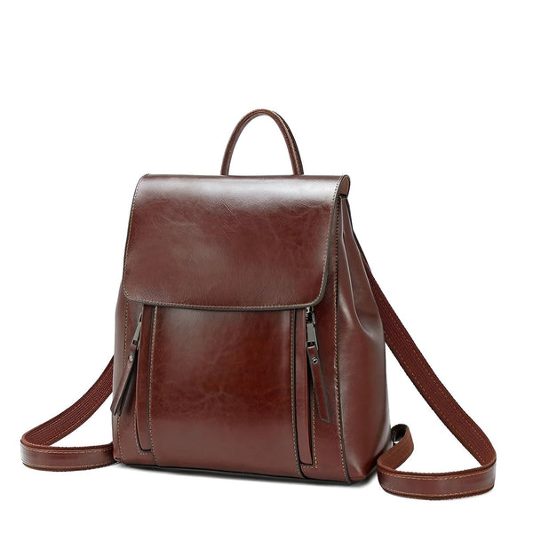 Sac à dos en cuir marron avec rabat et fermetures éclair frontales, 46193898586336,46193898619104,46193898651872