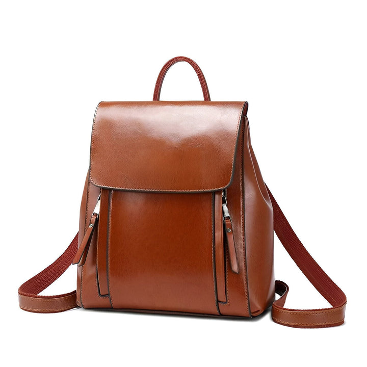 Sac à dos en cuir marron brillant avec rabat, poignée et bretelles ajustables., 46193898586336,46193898619104,46193898651872