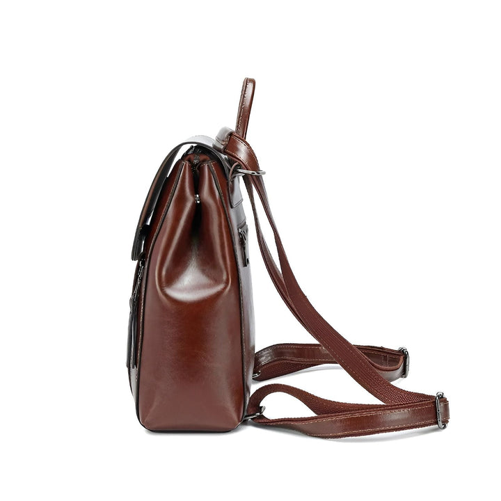 Sac à dos en cuir marron brillant vue latérale, 46193898586336,46193898619104,46193898651872