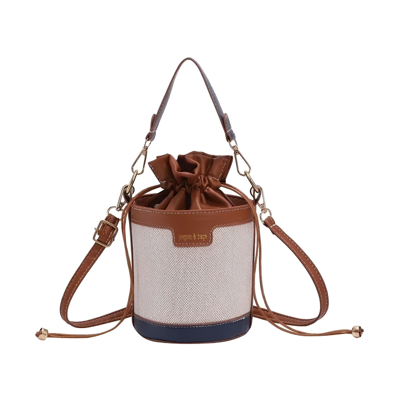 Sac seau en toile beige avec des accents marrons et bleus, avec une anse supérieure et une bandoulière amovible.