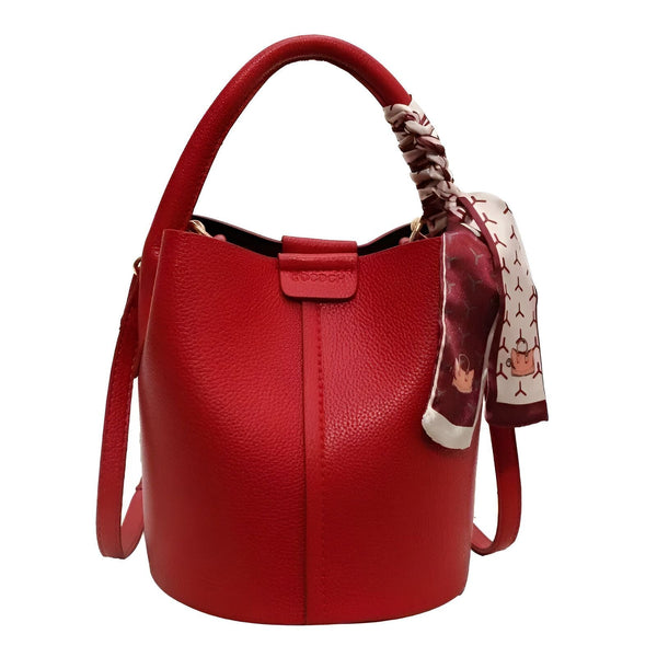 Sac seau rouge texturé avec poignée et foulard décoratif., 46194006720736,46194006753504