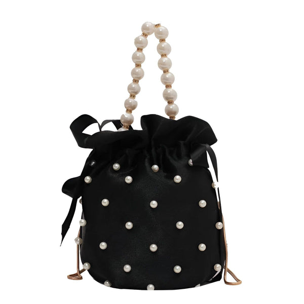 Sac noir en satin avec perles et anse en perles, 46194007572704