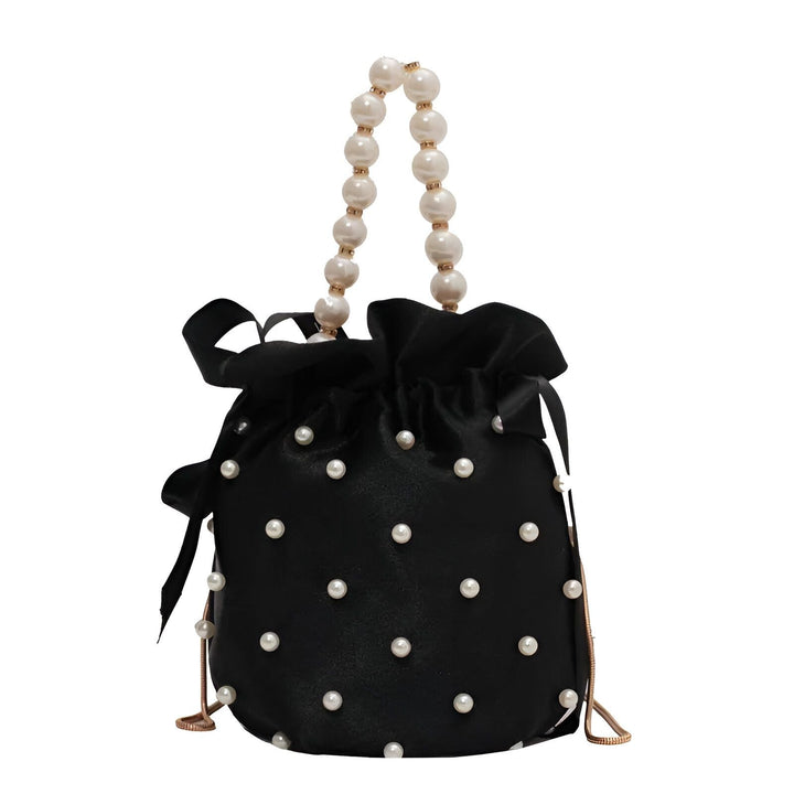 Sac noir en satin avec perles et anse en perles, 46194007572704