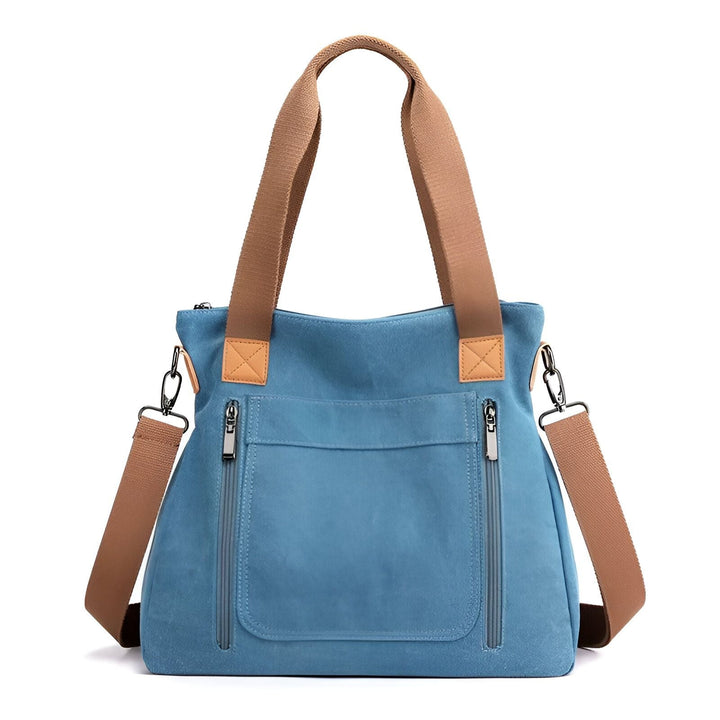 Grand sac cabas bleu en toile avec anses et bandoulière marron, poches zippées, 46193891836128,46193891901664,46193891934432,46193891967200,46193891999968