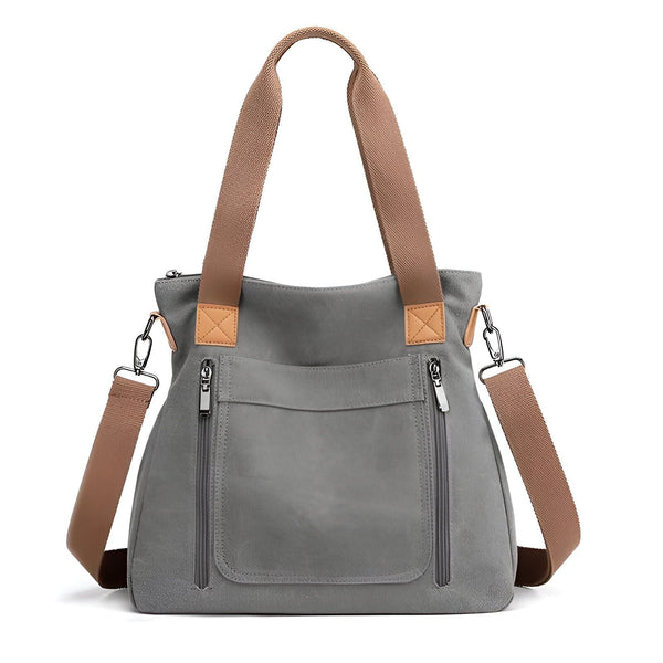 Sac bandoulière gris avec bretelles marron et multiples poches zippées, 46193891836128,46193891901664,46193891934432,46193891967200,46193891999968