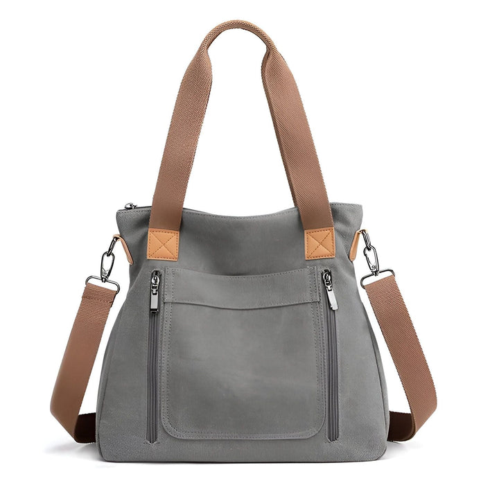 Sac bandoulière gris avec bretelles marron et multiples poches zippées, 46193891836128,46193891901664,46193891934432,46193891967200,46193891999968