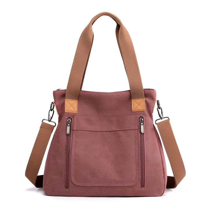 Sac à bandoulière rose en toile avec anses marron et poches zippées, 46193891836128,46193891901664,46193891934432,46193891967200,46193891999968