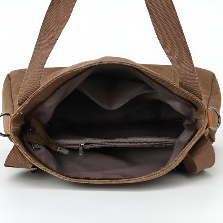 Intérieur de sac en toile marron avec poche zippée et compartiments., 46193891836128,46193891901664,46193891934432,46193891967200,46193891999968