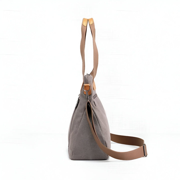 Sac à bandoulière en toile grise avec anses marron, 46193891836128,46193891901664,46193891934432,46193891967200,46193891999968