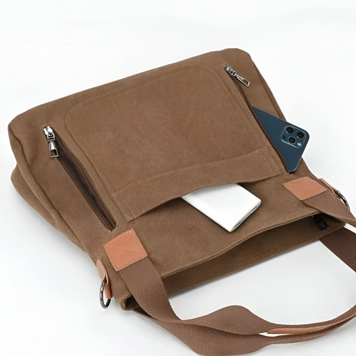 Sac en toile marron avec poche avant, téléphone et objet blanc visibles., 46193891836128,46193891901664,46193891934432,46193891967200,46193891999968