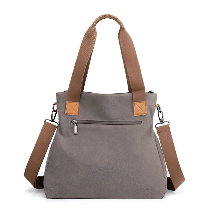 Sac en toile gris avec poignées et bandoulière réglable marron, poche zippée frontale., 46193891836128,46193891901664,46193891934432,46193891967200,46193891999968