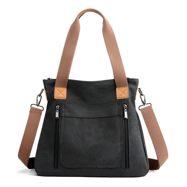 Sac tote bag noir en toile avec poignées et bandoulière marron, poches zippées., 46193891836128,46193891901664,46193891934432,46193891967200,46193891999968