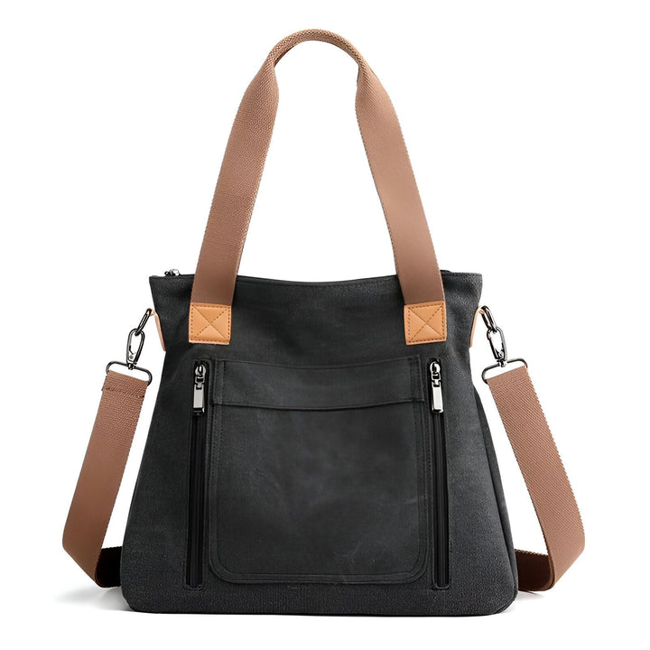 Sac tote bag noir en toile avec poignées et bandoulière marron, poches zippées., 46193891836128,46193891901664,46193891934432,46193891967200,46193891999968