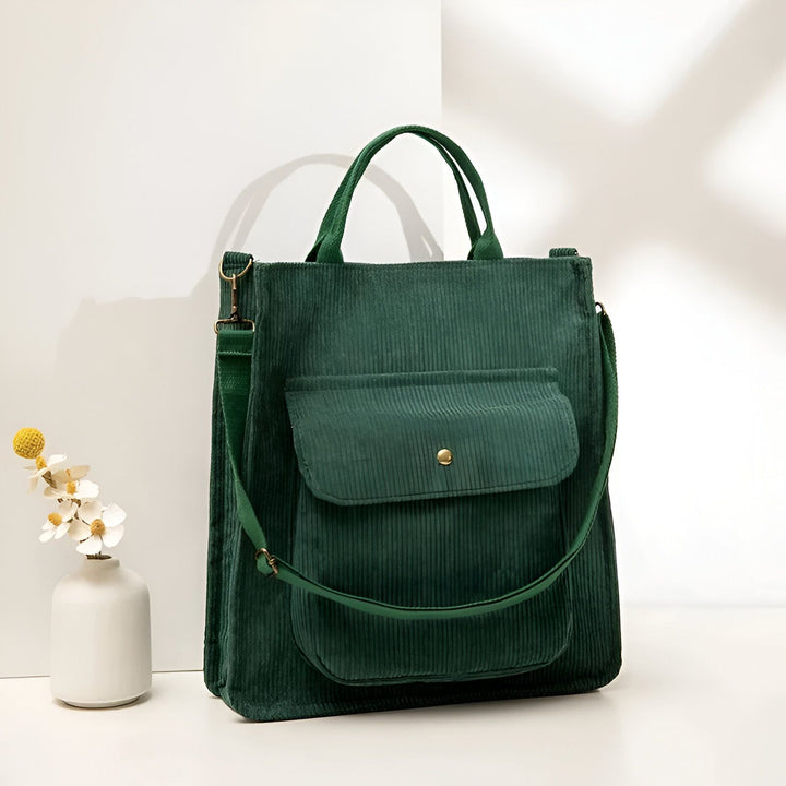 Sac fourre-tout vert en velours côtelé avec poche frontale et bandoulière amovible, 46193957503200,46193957535968,46193957568736,46193957601504