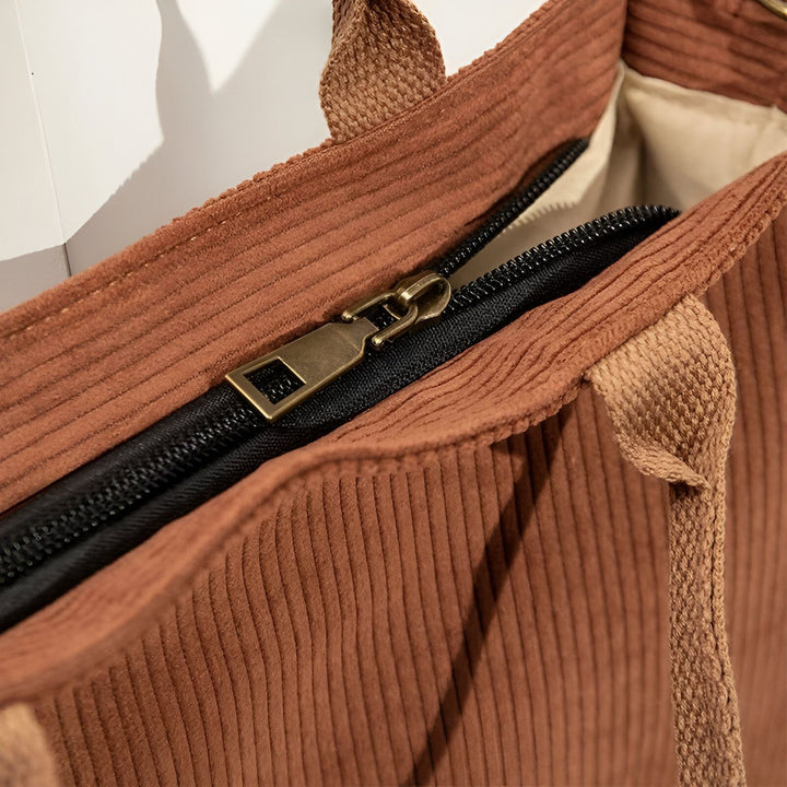 Détail d'un sac en velours côtelé camel avec zip noir et tirette en métal., 46193957503200,46193957535968,46193957568736,46193957601504