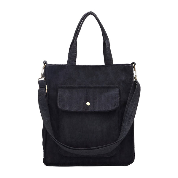 Sac cabas noir en velours côtelé avec anses, bandoulière et poche avant., 46193957503200,46193957535968,46193957568736,46193957601504