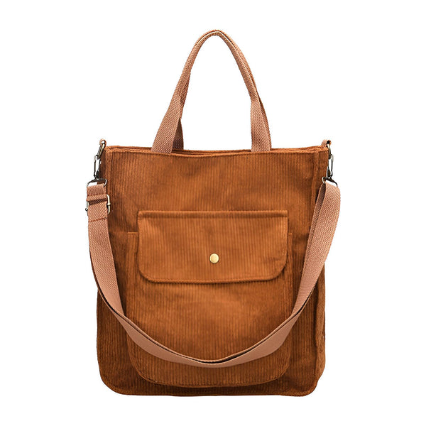Sac cabas en velours côtelé camel avec poche et bandoulière, 46193957503200,46193957535968,46193957568736,46193957601504