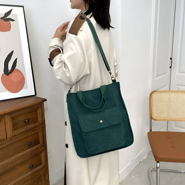 Sac tote bag vert foncé en velours côtelé avec poche., 46193957503200,46193957535968,46193957568736,46193957601504