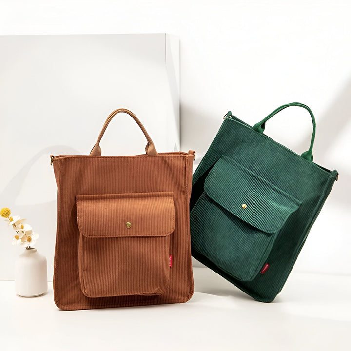 Sacs tote bag en velours côtelé camel et vert avec poches plaquées., 46193957503200,46193957535968,46193957568736,46193957601504