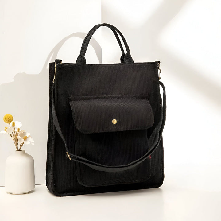 Sac cabas noir en velours côtelé avec poche frontale et bandoulière., 46193957503200,46193957535968,46193957568736,46193957601504