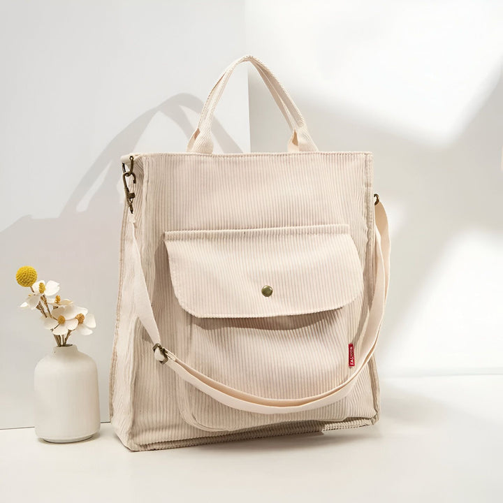 Sac cabas en velours côtelé beige avec poche frontale et bandoulière, 46193957503200,46193957535968,46193957568736,46193957601504