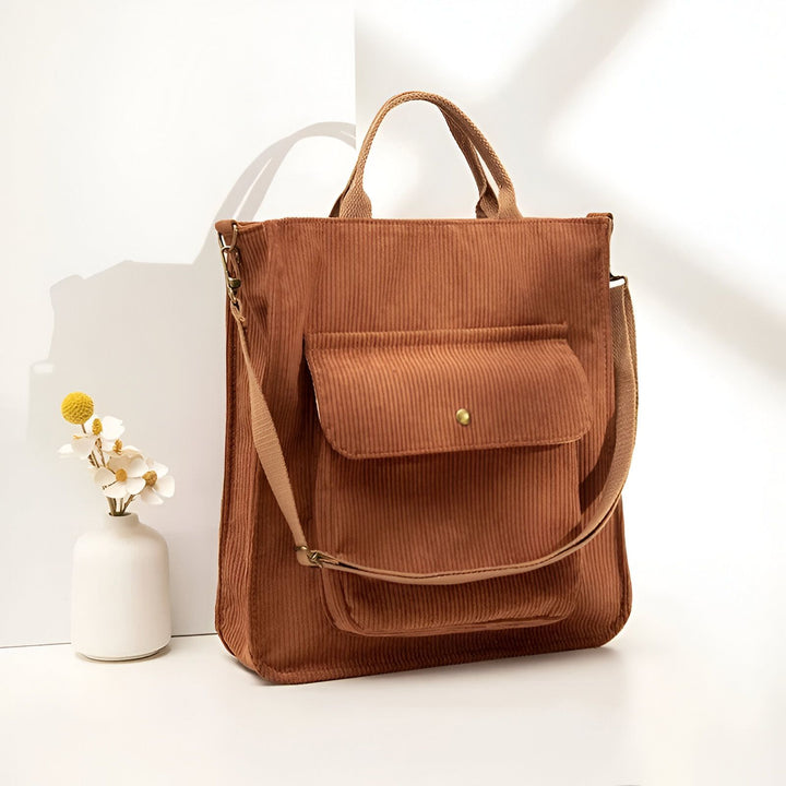 Sac tote bag marron en velours côtelé avec poche et bandoulière., 46193957503200,46193957535968,46193957568736,46193957601504