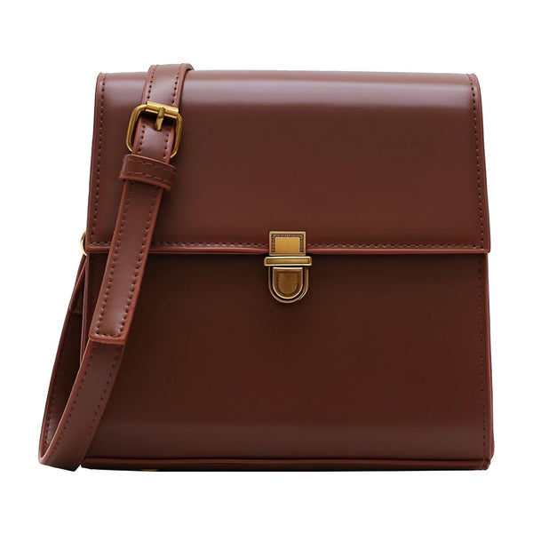 Sac bandoulière en cuir marron avec rabat et fermoir doré., 46194026971360,46194027004128,46194027036896