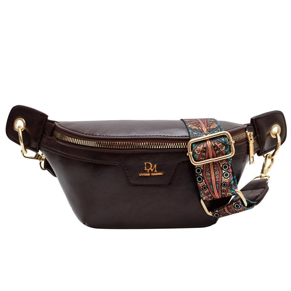 Sac banane en cuir marron DUVERO SARNER avec sangle à motifs colorés et zip doré., 46194025332960,46194025365728,46194025398496,46194025431264,46194025464032