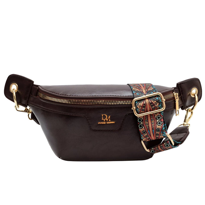 Sac banane en cuir marron DUVERO SARNER avec sangle à motifs colorés et zip doré., 46194025332960,46194025365728,46194025398496,46194025431264,46194025464032