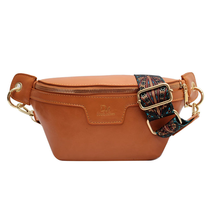 Sac banane couleur camel avec fermeture éclair dorée et bandoulière à motif, 46194025332960,46194025365728,46194025398496,46194025431264,46194025464032