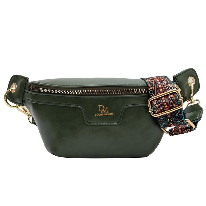 Sac banane vert foncé avec sangle colorée à motif et boucle dorée., 46194025332960,46194025365728,46194025398496,46194025431264,46194025464032