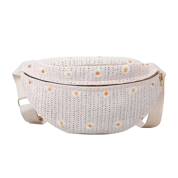 Sac banane beige tressé orné de petites marguerites blanches et oranges., 46194023301344,46194023334112