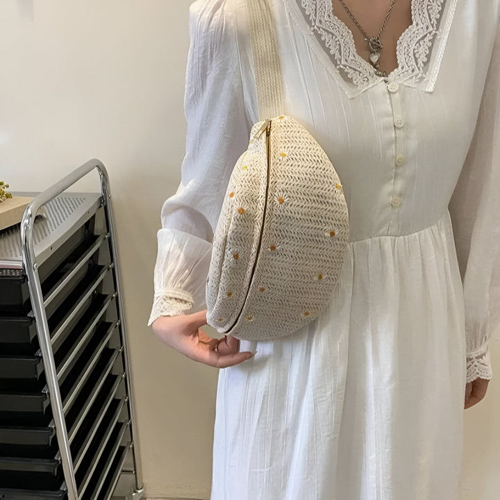 Robe blanche brodée et sac bandoulière beige à motifs marguerites., 46194023301344,46194023334112
