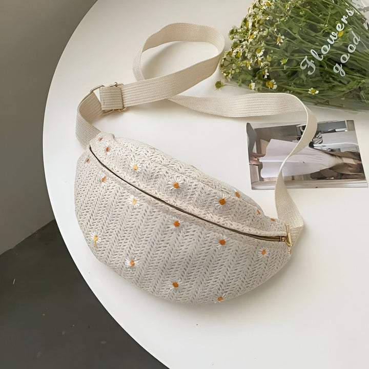 Sac banane beige tressé avec marguerites., 46194023301344,46194023334112