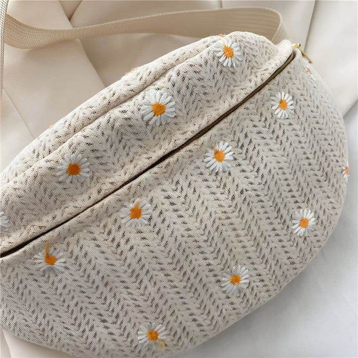 Sac banane en tissu beige à motif chevron avec broderies de marguerites., 46194023301344,46194023334112