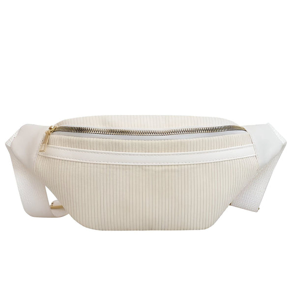Sac banane blanc côtelé avec zip doré et détails blancs, 46194025726176,46194025758944,46194025791712