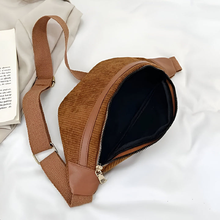 Sac banane marron en velours côtelé ouvert., 46194025726176,46194025758944,46194025791712