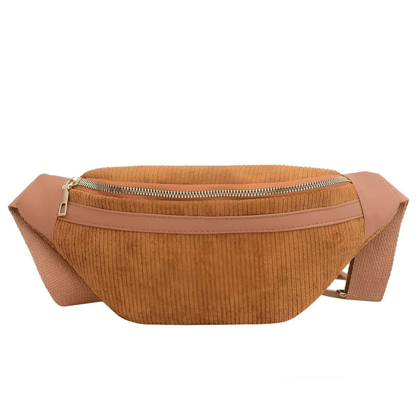 Sac banane marron en velours côtelé avec fermeture éclair dorée, 46194025726176,46194025758944,46194025791712