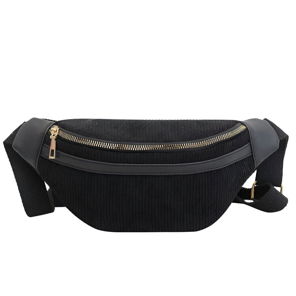 Sac banane noir en velours côtelé avec fermeture éclair dorée., 46194025726176,46194025758944,46194025791712