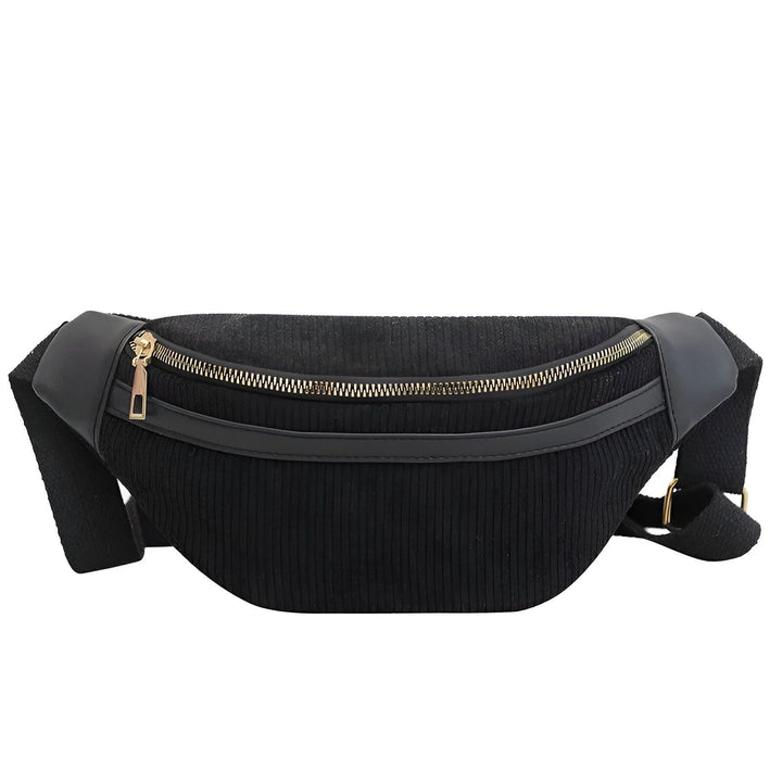 Sac banane noir en velours côtelé avec fermeture éclair dorée., 46194025726176,46194025758944,46194025791712
