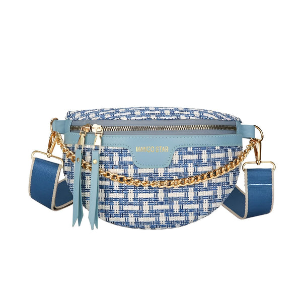 Sac banane tissé bleu et blanc avec chaîne dorée et bandoulière réglable., 46194025005280,46194025038048,46194025070816,46194025103584