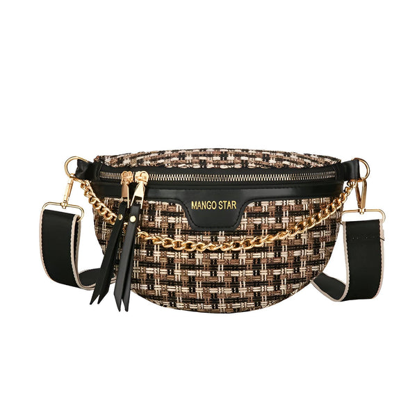 Sac banane en tweed noir marron blanc, chaîne dorée, fermetures éclair et lanière., 46194025005280,46194025038048,46194025070816,46194025103584