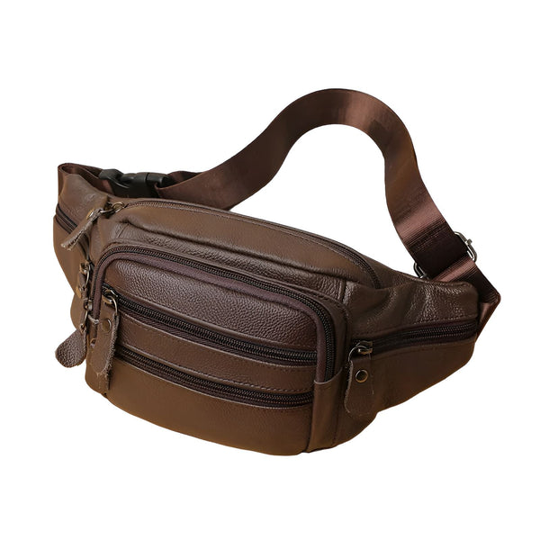 Sac banane en cuir marron avec multiples poches zippées, 46194063802592,46194063835360,46194063868128