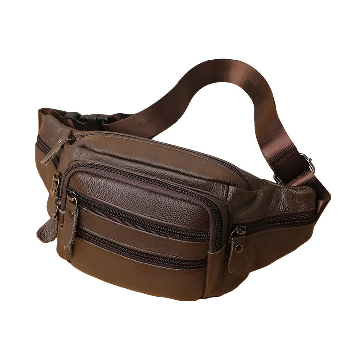 Sac banane en cuir marron avec multiples poches zippées, 46194063802592,46194063835360,46194063868128