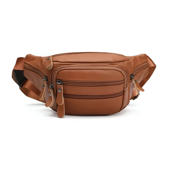 Sac banane en cuir marron avec multiples poches zippées, 46194063802592,46194063835360,46194063868128