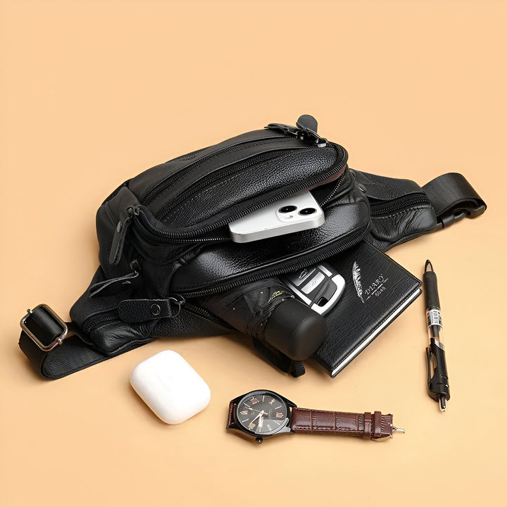 Contenu d'un sac en cuir noir : téléphone, clé, parapluie, carnet, écouteurs, montre, stylo., 46194063802592,46194063835360,46194063868128