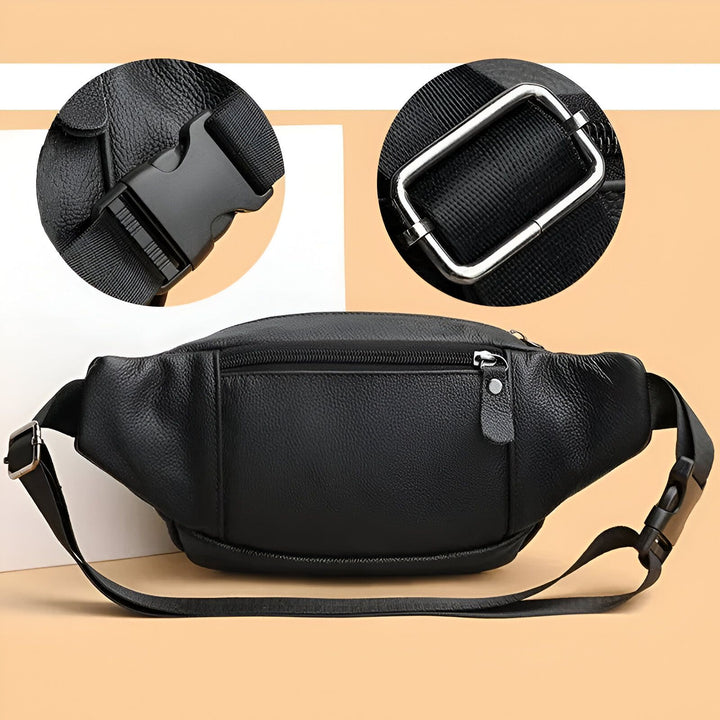 Sac banane en cuir noir avec fermeture éclair, boucle et sangle ajustables., 46194063802592,46194063835360,46194063868128