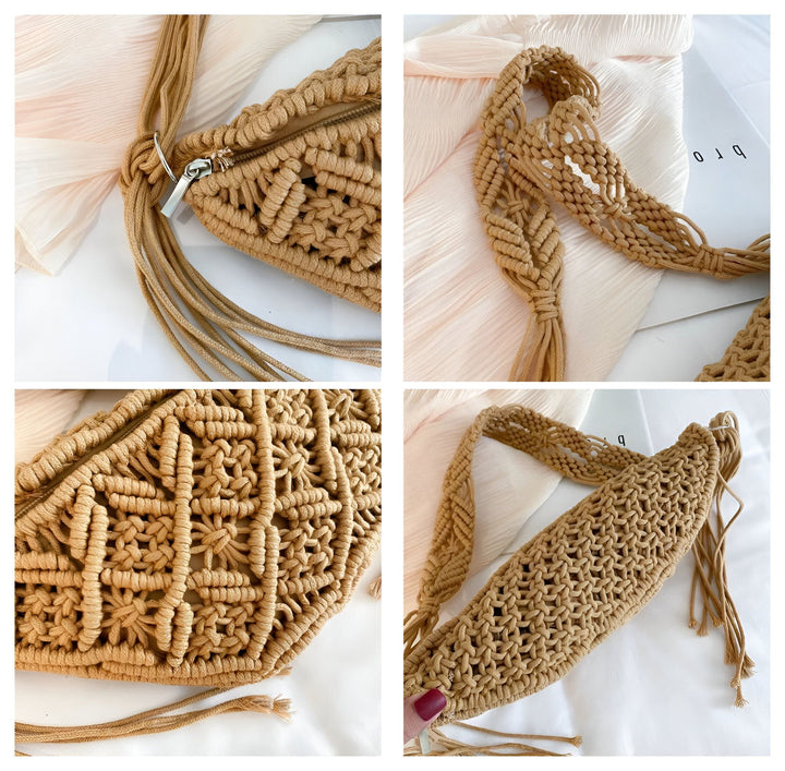 Sac en macramé marron clair, texture tressée avec fermeture éclair., 46193920606432,46193920639200