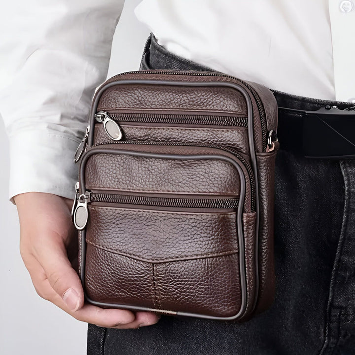 Sacoche de ceinture homme en cuir marron, plusieurs poches zippées., 46194067996896,46194068029664